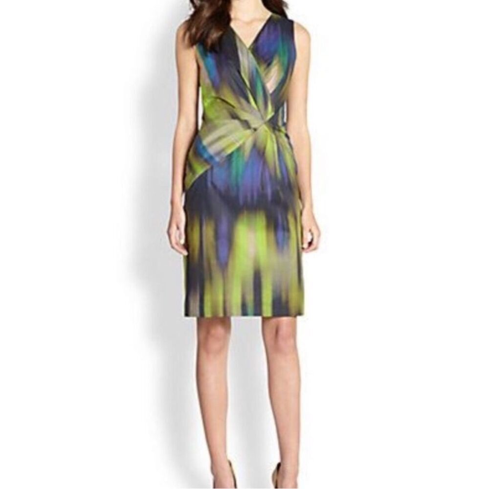 Lafayette 148 LAUREL Green Watercolor Brushstroke Faux Wrap Sheath Dress